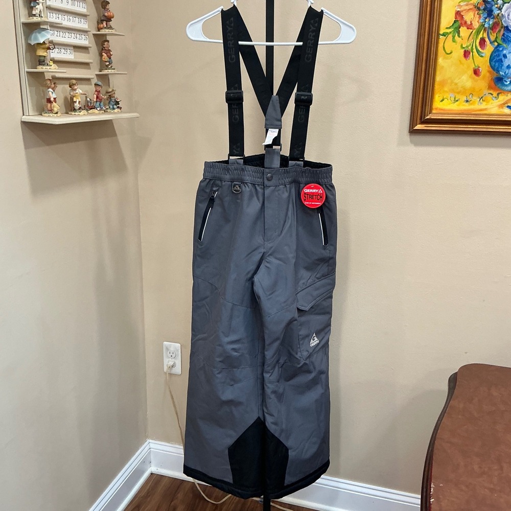 Gerry Snow Pants Kids Size L 14/16 Gray Insulated Suspenders Stretch Ski Pants